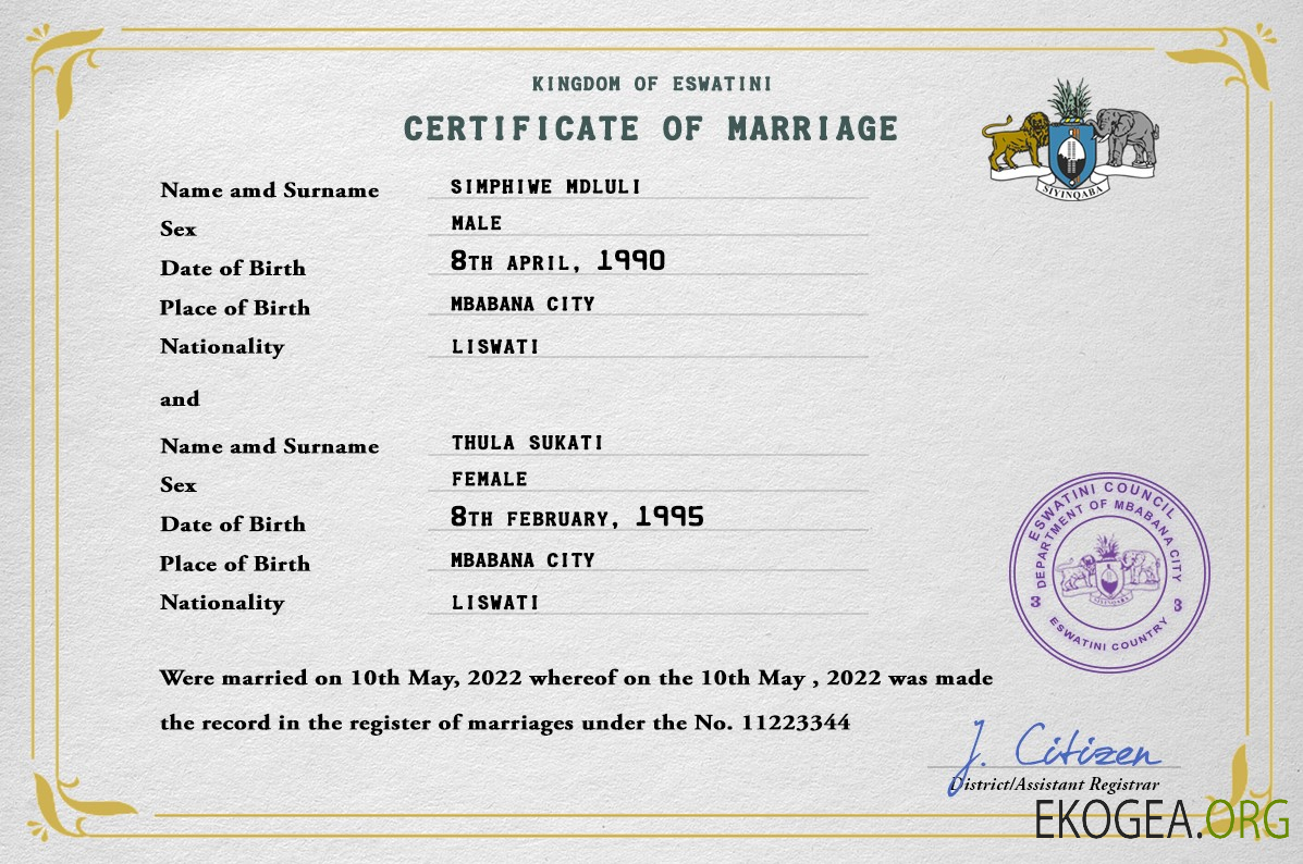 Modèle PSD de certificat de mariage Eswatini